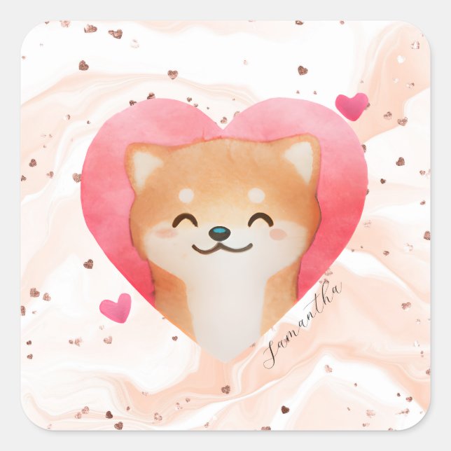 Sticker Carré Cute Shiba Inu dans un coeur (Devant)