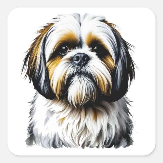 Sticker Carré Cute Shih Tzu Aquarelle style IA art (Devant)