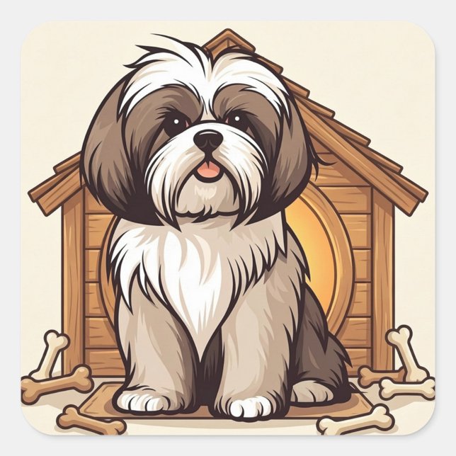 Sticker Carré Cute Shih Tzu Illustration  (Brown and White Shih Tzu Stickers!)
