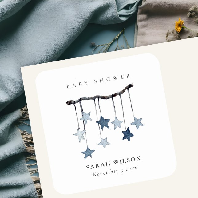 Sticker Carré Cute Simple Aqua Blue Star Mobile Boy Baby shower (Créateur téléchargé)