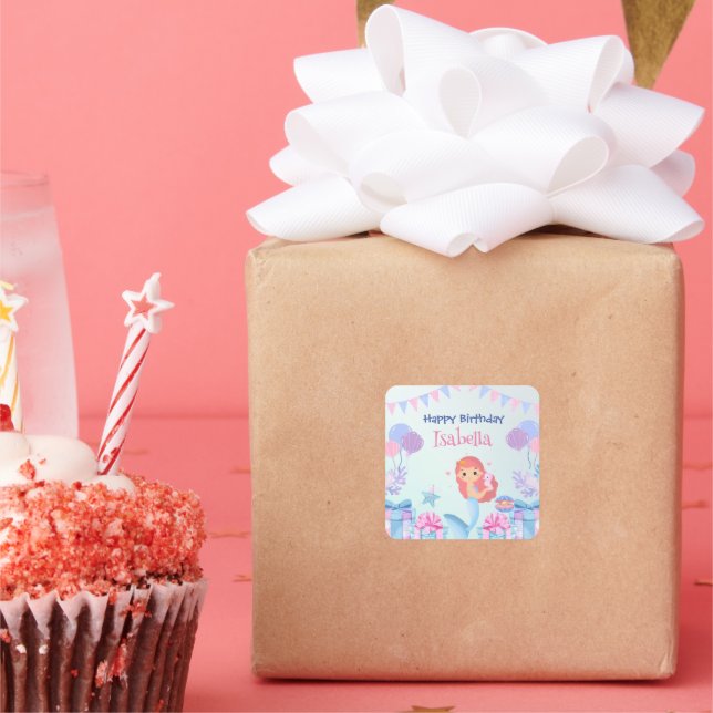 Sticker Carré Cute Sirène Arc-en-ciel Aquarelle fête d'anniversa (Fête)