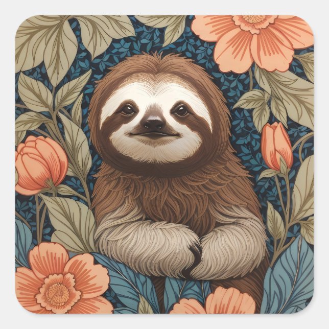 Sticker Carré Cute Sloth Elegant Floral William Morris Inspired (Devant)