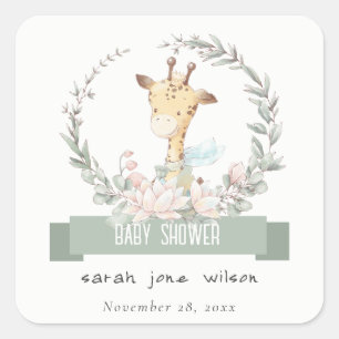 Sticker Carré Cute Soft Safari Giraffe Baby shower fleuri de cou