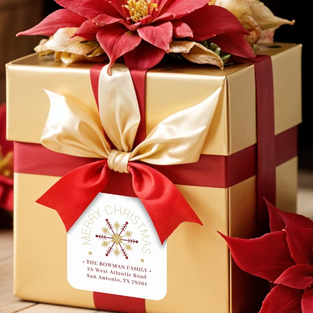 Sticker Carré Cute Sophisticated Gold & Red Snowflake Winter (Cute Sophisticated Faux Golden & Dark Red Snowflake Christmas Winter Square Stickers. )