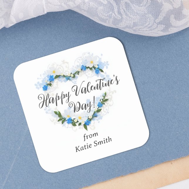 Sticker Carré Cute Splendid Blue Shades Floral Valentine's Day  (Cute Splendid Blue Shades Floral Valentine's Day Wreath Square Sticker.)