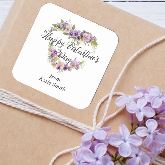 Sticker Carré Cute Splendid Purple Shades Floral Valentine's Day (Cute Splendid Purple Shades Floral Valentine's Day Wreath Heart Square Sticker.)