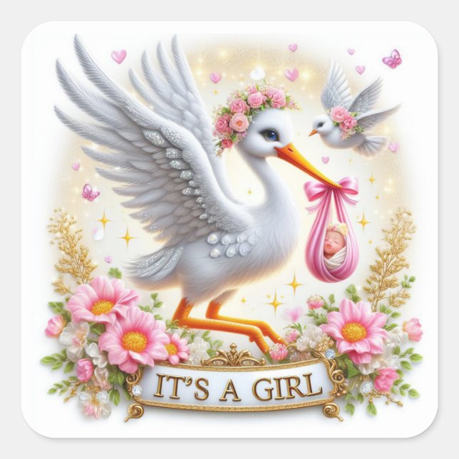 Sticker Carré Cute Stork C'est une fille avec bébé et fleurs (Devant)