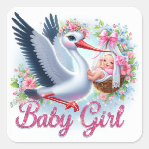 Sticker Carré Cute Stork portant bébé fille