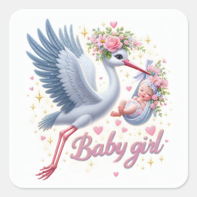 Sticker Carré Cute Stork portant bébé fille (Devant)