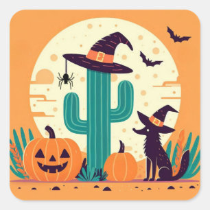 Sticker Carré Cute, sud-ouest du désert d'Halloween/cactus