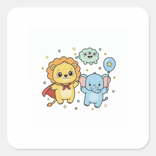 Sticker Carré Cute Superhero Lion and Elephant Friends Cartoon (Devant)