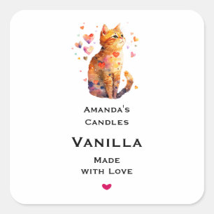 Sticker Carré Cute Tabby Chat avec Coeur Craft bougie