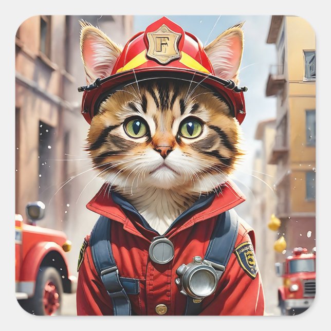 Sticker Carré Cute Tabby Chat en Aquarelle Uniforme Firefighter (Devant)