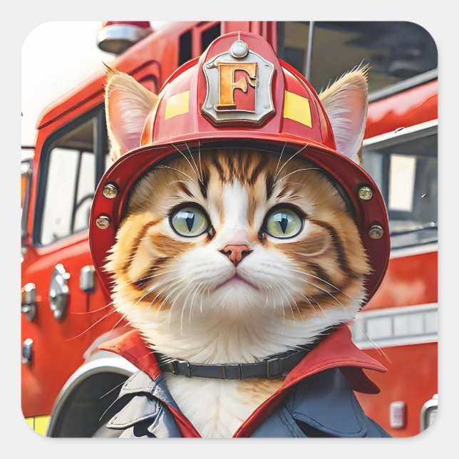 Sticker Carré Cute Tabby Chat en Aquarelle Uniforme Firefighter (Devant)