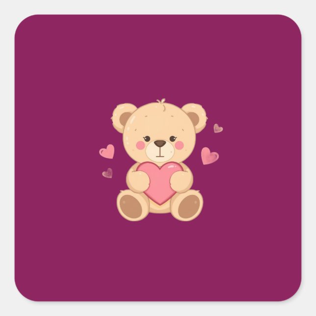 Sticker Carré Cute Teddy Bear Holding Heart – Valentine Love Ill (Devant)