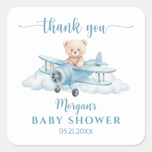 Sticker Carré Cute Teddy Bear Pilot Baby Shower Thank You (Devant)