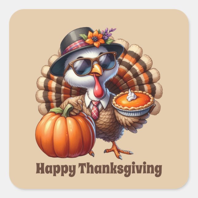 Sticker Carré Cute Thanksgiving dinde personnalisable (Devant)