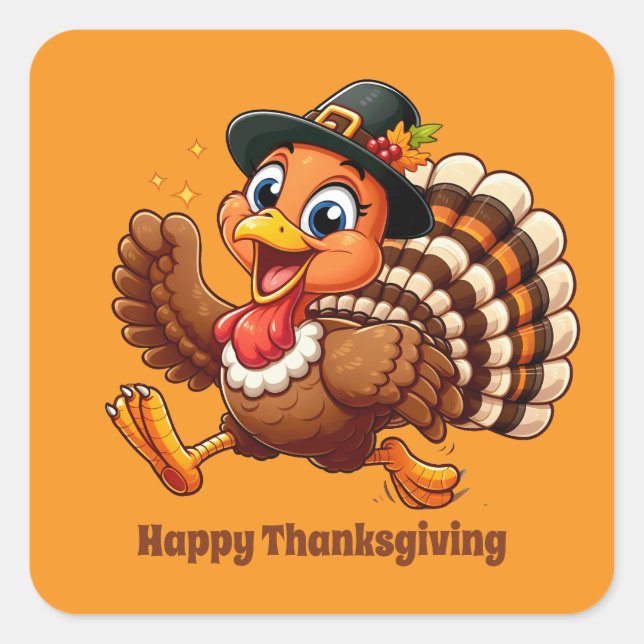 Sticker Carré Cute Thanksgiving dinde personnalisable (Devant)