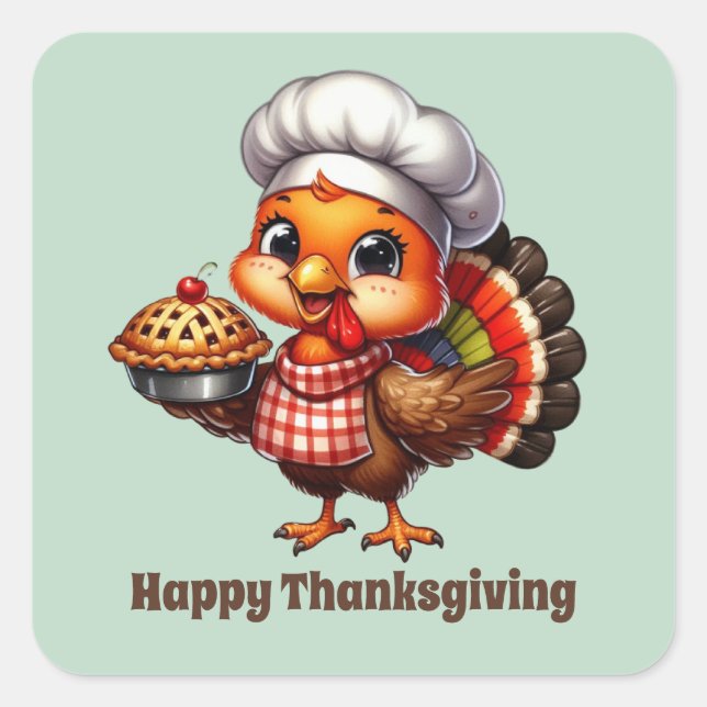 Sticker Carré Cute Thanksgiving Jour férié dinde personnalisable (Devant)