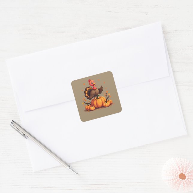 Sticker Carré Cute Thanksgiving Turkey Autumn Pumpkins Scene (Enveloppe)