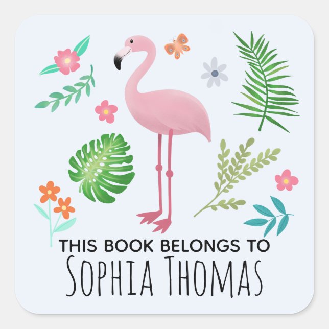 Sticker Carré Cute 'This Book Belongs' Flamant rose Kids Bookpla (Devant)