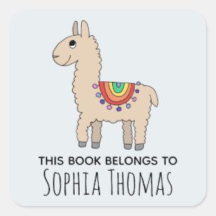 Sticker Carré Cute 'This Book Belongs' Llama Name Kids Boplate