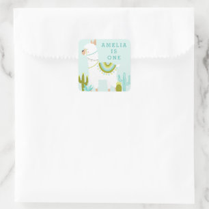 Sticker Carré Cute Tout Llama Amusant Aqua 1er Anniversaire Favo