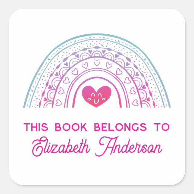 Sticker Carré Cute Trendy Boho Rainbow Kids Bookplate (Devant)