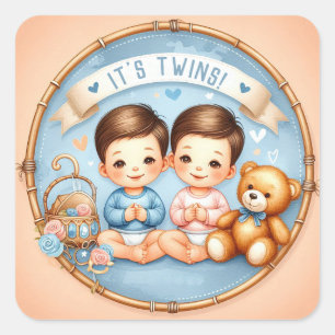 Sticker Carré Cute Twin Boys Baby shower Aquarelle Teddy Bear