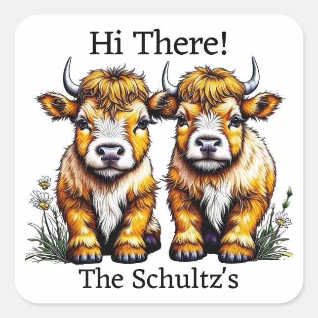 Sticker Carré Cute Twin Highland Vaches Personnalisées (Devant)