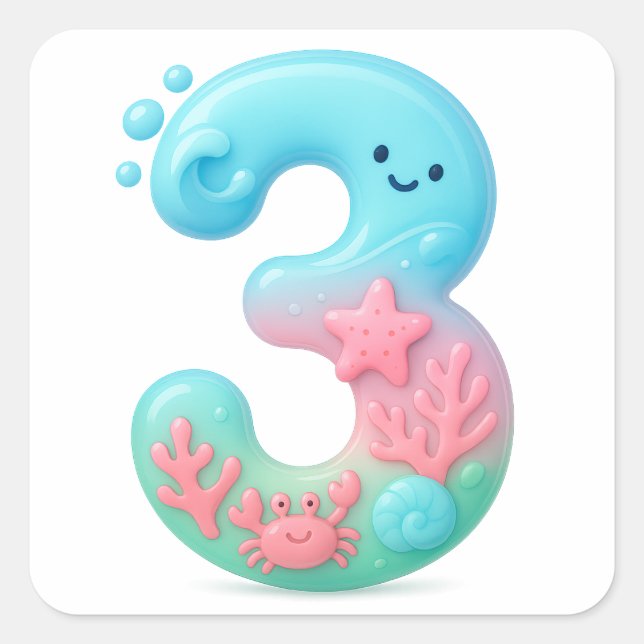 Sticker Carré Cute Under The Sea Theme Cartoon Number 3 (Devant)