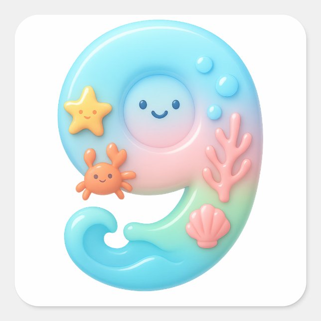 Sticker Carré Cute Under The Sea Theme Cartoon Number 9 (Devant)