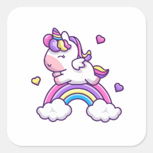 Sticker Carré Cute Unicorn Avec Caricature Arc-En-Ciel