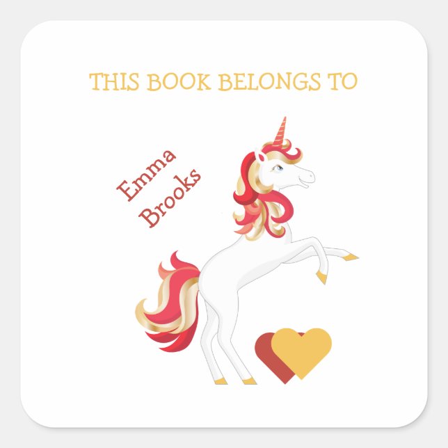 Sticker Carré Cute Unicorn Bookplate Ce livre appartient au Étiq (Devant)