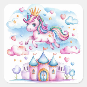 Sticker Carré Cute Unicorn Château Magique Terre Fille Anniversa