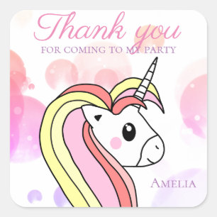 Sticker Carré Cute Unicorn Enfants Merci fête d'anniversaire