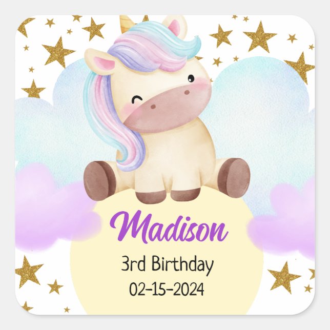 Sticker Carré Cute Unicorn et Gold Stars Anniversaire (Devant)