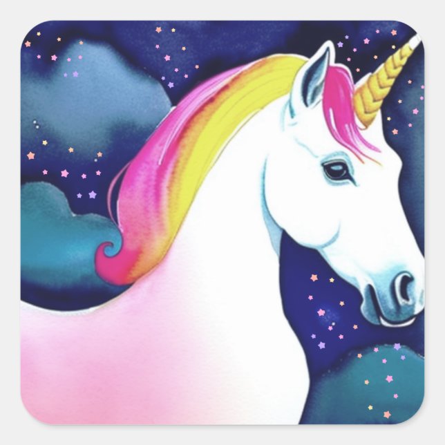 Sticker Carré Cute Unicorn Étoiles Magiques Dessin Fille Anniver (Devant)