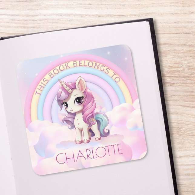 Sticker Carré Cute Unicorn Rainbow School Nom de la plaque d'imm (Créateur téléchargé)