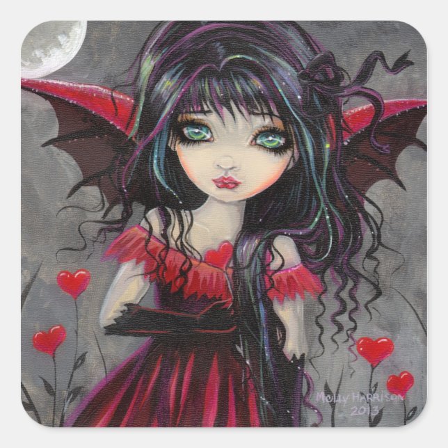 Sticker Carré Cute Valentine Gothique Vampire fée avec les coeur (Devant)
