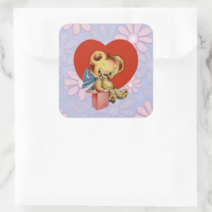 Sticker Carré Cute Valentine Ours sur rose fleurie arrière - pla