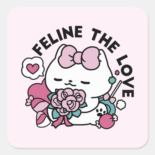 Sticker Carré Cute Valentine's Cat Design - Feline the Love (Devant)
