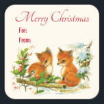 Sticker Carré Cute Vintage Foxes Retro Christmas Scene<br><div class="desc">Joyeux autocollants de Noël avec un dessin délicieux d'une paire de renards avec un oiseau amical à proximité. Entouré de cônes de houx et de pins et d'autres feuillages d'hiver.</div>