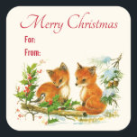 Sticker Carré Cute Vintage Foxes Retro Christmas Scene<br><div class="desc">Joyeux autocollants de Noël avec un dessin délicieux d'une paire de renards avec un oiseau amical à proximité. Entouré de cônes de houx et de pins et d'autres feuillages d'hiver.</div>
