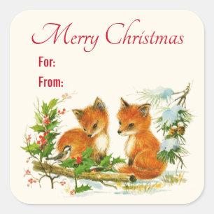 Sticker Carré Cute Vintage Foxes Retro Christmas Scene
