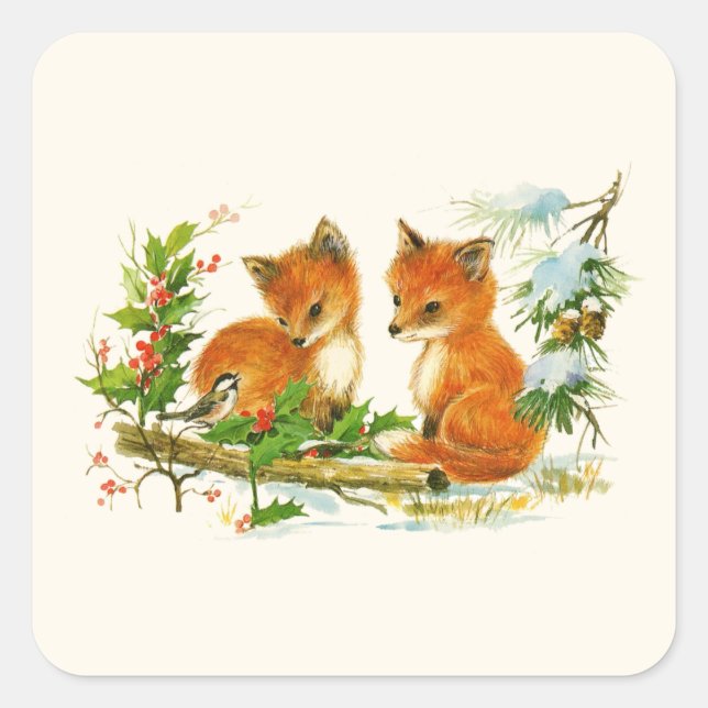 Sticker Carré Cute Vintage Foxes Retro Christmas Scene (Devant)