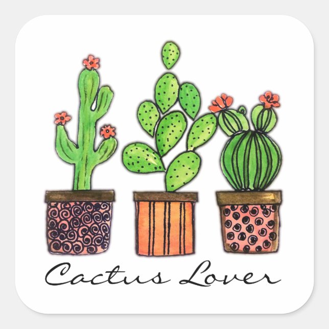 Sticker Carré Cute Watercolor Cactus (Devant)