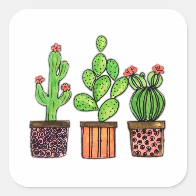 Sticker Carré Cute Watercolor Cactus (Devant)