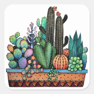 Sticker Carré Cute Watercolor Cactus Garden