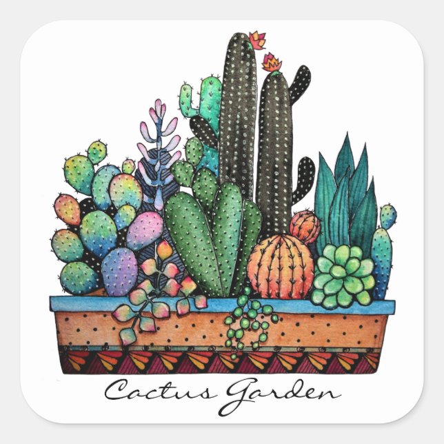 Sticker Carré Cute Watercolor Cactus Garden (Devant)